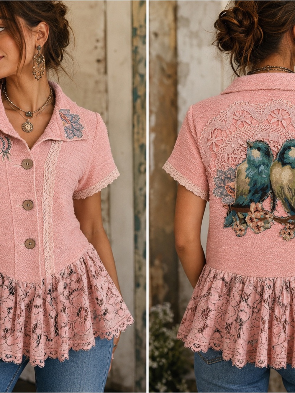 Pink Lace-Peplum Button Blouse with Bird Embroidery Crochet Size -M Handmade